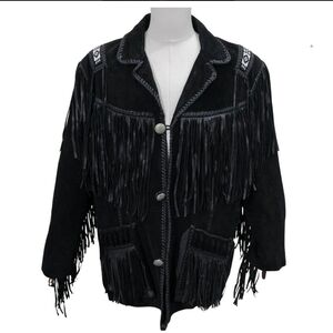 Vintage Scully Leather Western Black Fringed Jacket Beaded Detail Size 48